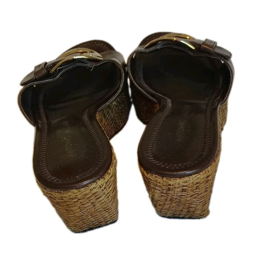 Antonio Melani Brown Leather Wedge Slide Sandals Gold Buckle Straw Heel Size 7M - Picture 7 of 7